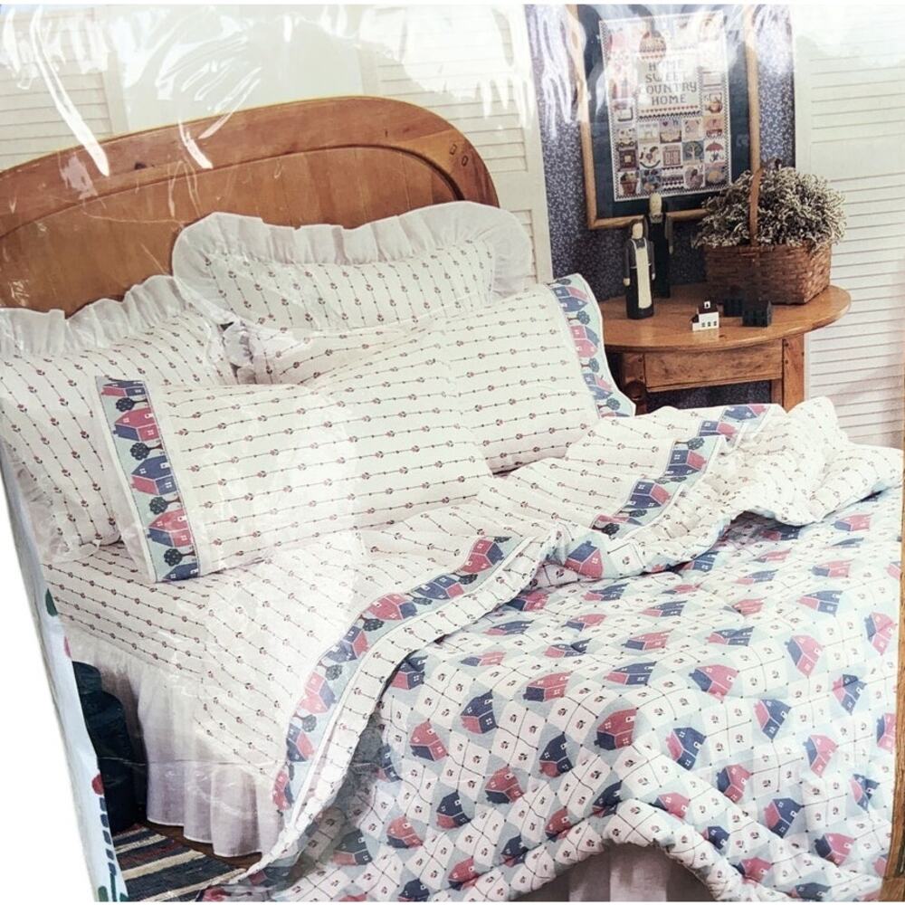 Vintage 80s 90s Countryside 4 Piece Double Bed Set Floral Cottagecore House Tree